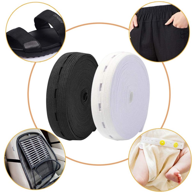 Yookat 4 Rolls Elastic Band with Holes Elastic Band Button Elastic Button Holes Sewing Elastic Bands with Buttonhole and 100Pcs 18mm Black Resin Button (Black and White, 3/4 inch) - Image 5